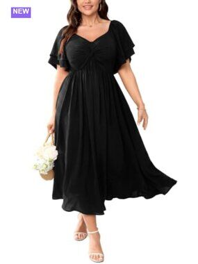 Plus Size Sweetheart Neck Ruffle Sleeve Maxi Cocktail Dress
